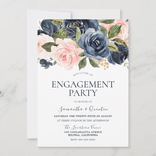 Elegant Navy Blue & Blush Pink Engagement Party Kaart (Voorkant)