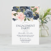 Elegant Navy Blue & Blush Pink Engagement Party Kaart (Staand voorkant)