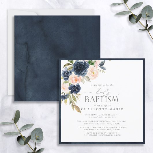 Elegant Navy Blue Blush Pink Floral Baby Baptisme Kaart