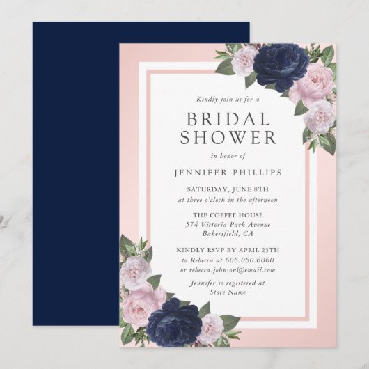 Elegant Navy Blue Blush Pink Floral Vrijgezellenfe Kaart (Voorkant / Achterkant)