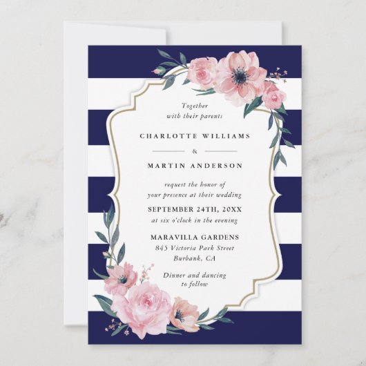 Elegant Navy Blue Blush Pink Floral Wedding Kaart (Voorkant)
