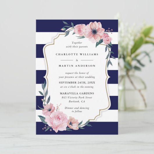 Elegant Navy Blue Blush Pink Floral Wedding Kaart (Staand voorkant)