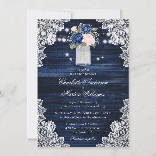 Elegant Navy Blue Blush Pink Floral Wedding Kaart (Voorkant)