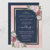 Elegant Navy Blue Blush Pink Gold Floral Wedding Kaart (Voorkant / Achterkant)