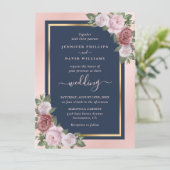 Elegant Navy Blue Blush Pink Gold Floral Wedding Kaart (Staand voorkant)