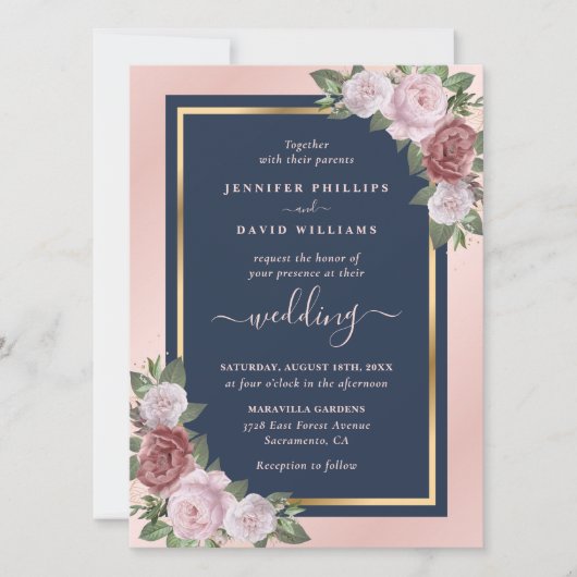 Elegant Navy Blue Blush Pink Gold Floral Wedding Kaart (Voorkant)