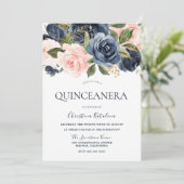Elegant Navy Blue & Blush Pink Quinceanera Kaart (Staand voorkant)