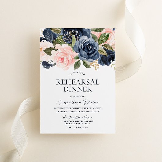 Elegant Navy Blue & Blush Pink Rehearsal Dinner Kaart