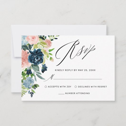 Elegant Navy Blue Blush Roos Bloemenbruiloft RSVP Kaartje (Voorkant)