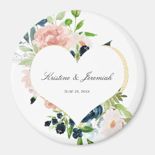 Elegant Navy Blue Blush Roos Floral Heart Wedding Magneet