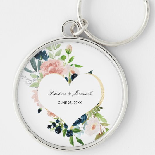 Elegant Navy Blue Blush Roos Floral Heart Wedding Sleutelhanger (Voorkant)