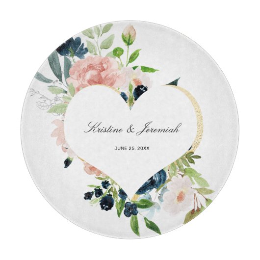 Elegant Navy Blue Blush Roos Floral Heart Wedding Snijplank (Voorkant)