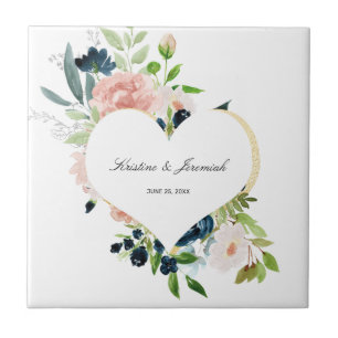 Elegant Navy Blue Blush Roos Floral Heart Wedding Tegeltje