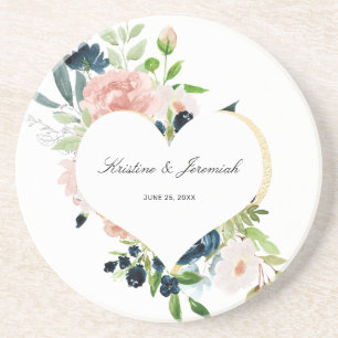 Elegant Navy Blue Blush Roos Floral Heart Wedding Zandsteen Onderzetter