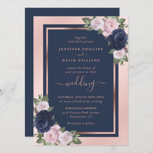 Elegant Navy Blue Blush Roos Gold Floral Wedding Kaart (Voorkant / Achterkant)