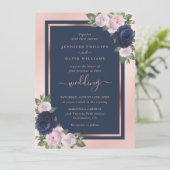 Elegant Navy Blue Blush Roos Gold Floral Wedding Kaart (Staand voorkant)