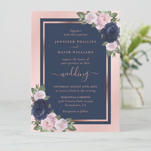 Elegant Navy Blue Blush Roos Gold Floral Wedding Kaart (Staand voorkant)