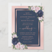 Elegant Navy Blue Blush Roos Gold Floral Wedding Kaart (Voorkant)