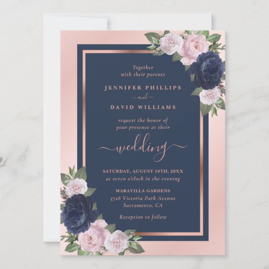 Elegant Navy Blue Blush Roos Gold Floral Wedding Kaart (Voorkant)