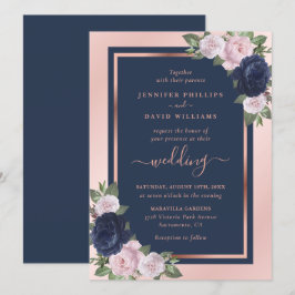 Elegant Navy Blue Blush Roos Gold Floral Wedding Kaart