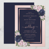Elegant Navy Blue Blush Roos Gold Floral Wedding Kaart (Voorkant / Achterkant)