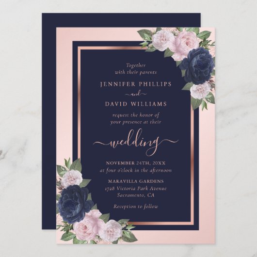 Elegant Navy Blue Blush Roos Gold Floral Wedding Kaart (Voorkant / Achterkant)