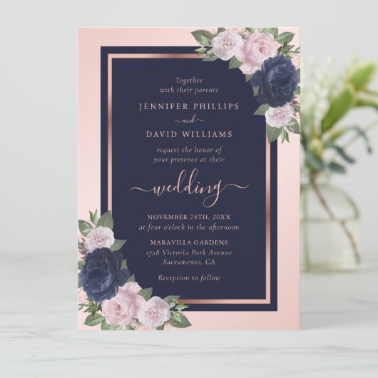 Elegant Navy Blue Blush Roos Gold Floral Wedding Kaart (Staand voorkant)