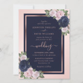 Elegant Navy Blue Blush Roos Gold Floral Wedding Kaart (Voorkant)
