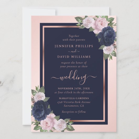 Elegant Navy Blue Blush Roos Gold Floral Wedding Kaart (Voorkant)