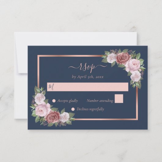 Elegant Navy Blue Blush Roos Gold Floral Wedding RSVP Kaartje (Voorkant)