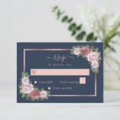 Elegant Navy Blue Blush Roos Gold Floral Wedding RSVP Kaartje (Staand voorkant)