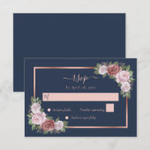 Elegant Navy Blue Blush Roos Gold Floral Wedding RSVP Kaartje (Voorkant / Achterkant)
