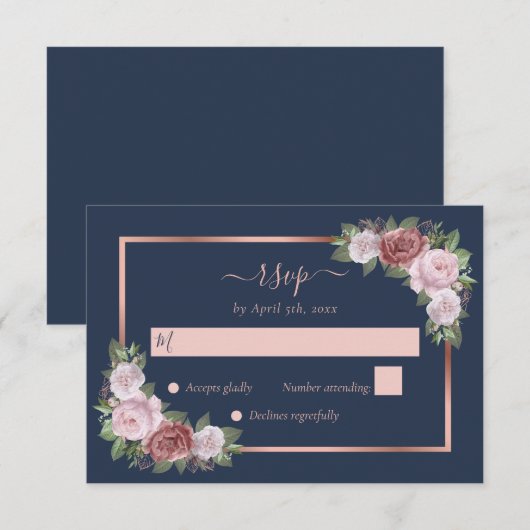 Elegant Navy Blue Blush Roos Gold Floral Wedding RSVP Kaartje (Voorkant / Achterkant)