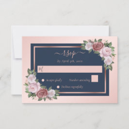 Elegant Navy Blue Blush Roos Gold Floral Wedding RSVP Kaartje