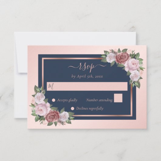 Elegant Navy Blue Blush Roos Gold Floral Wedding RSVP Kaartje (Voorkant)