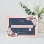 Elegant Navy Blue Blush Roos Gold Floral Wedding RSVP Kaartje (Staand voorkant)