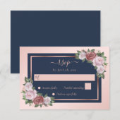 Elegant Navy Blue Blush Roos Gold Floral Wedding RSVP Kaartje (Voorkant / Achterkant)