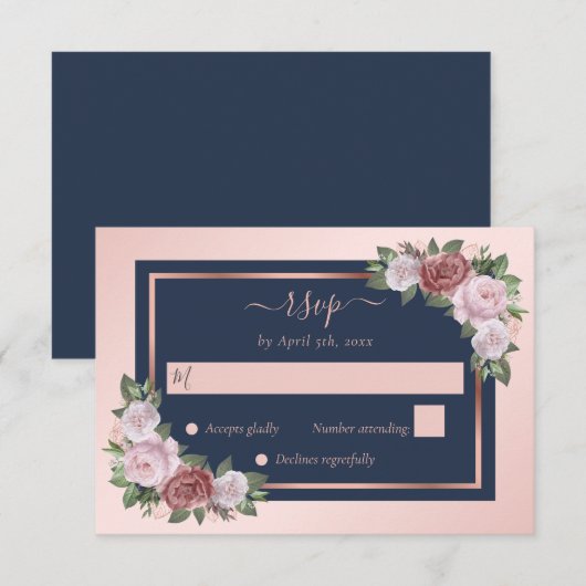 Elegant Navy Blue Blush Roos Gold Floral Wedding RSVP Kaartje (Voorkant / Achterkant)