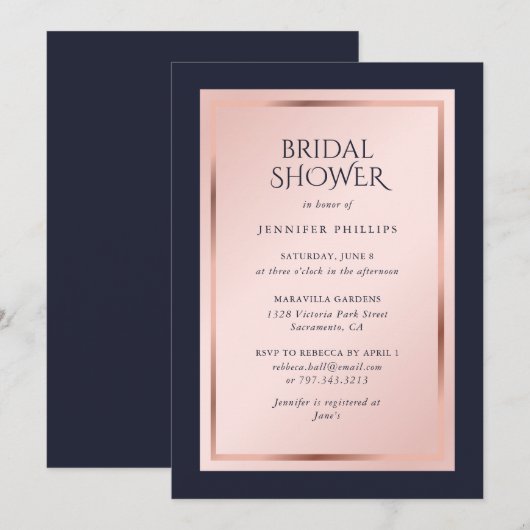Elegant Navy Blue Blush Roos Gold Vrijgezellenfees Kaart (Voorkant / Achterkant)