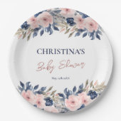 Elegant Navy Blue Blush Roze Bloemen Baby shower Papieren Bordje (Voorkant)