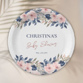Elegant Navy Blue Blush Roze Bloemen Baby shower Papieren Bordje