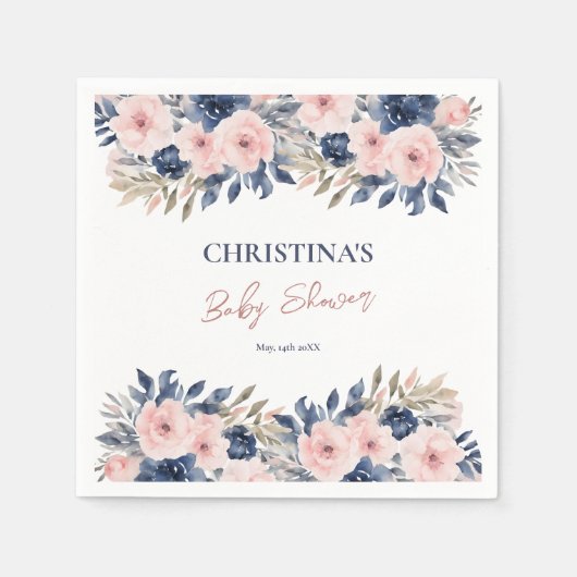 Elegant Navy Blue Blush Roze Bloemen Baby shower Servet (Voorkant)