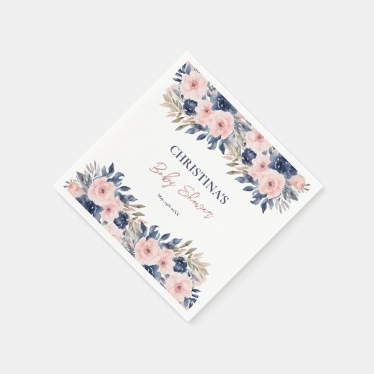 Elegant Navy Blue Blush Roze Bloemen Baby shower Servet (Hoek)