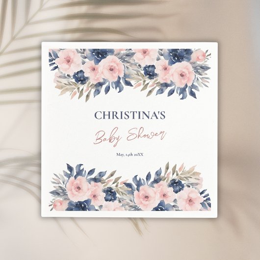 Elegant Navy Blue Blush Roze Bloemen Baby shower Servet