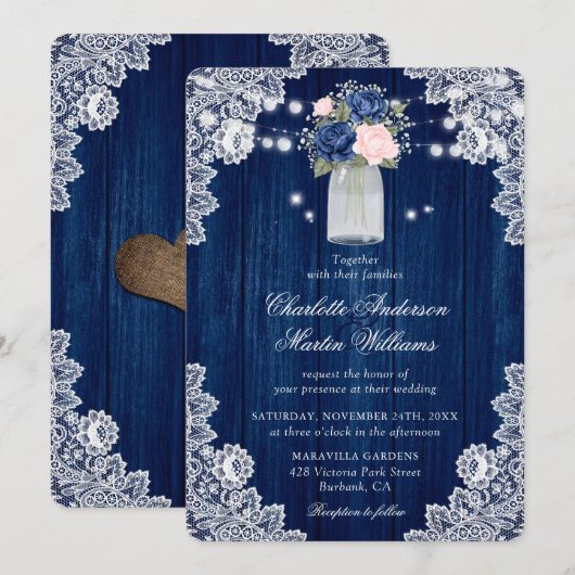Elegant Navy Blue Blush Rustic Floral Wedding Kaart (Voorkant / Achterkant)