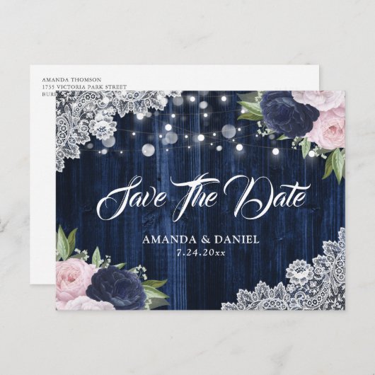 Elegant Navy Blue Blush Save the Date Briefkaart (Voorkant / Achterkant)