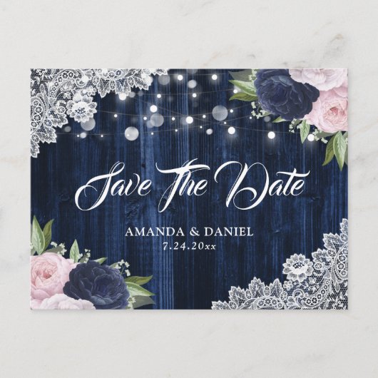 Elegant Navy Blue Blush Save the Date Briefkaart (Voorkant)