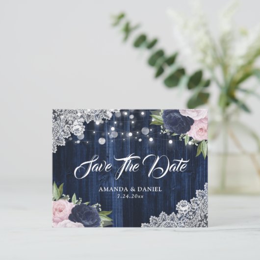 Elegant Navy Blue Blush Save the Date Briefkaart (Staand voorkant)