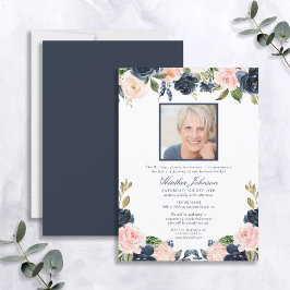 Elegant Navy Blue Blush Waterverf Floral Funeral Kaart
