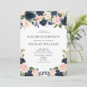 Elegant Navy Blue Blush Waterverf Floral Wedding Kaart (Staand voorkant)